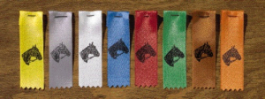 Festival or ribbon badges made of satin ribbon, single-coloured with horse head, 100 pieces