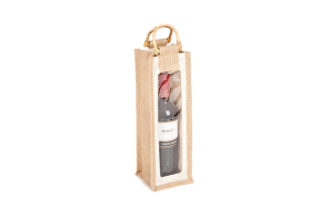 Jutetasche für eine Flasche mit Sichtfenster, 35 x 11 x 11 cm, Rattanhenkel