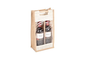 Jutetasche für zwei Flaschen, Größe: 40 x 20 x 13 cm, mit Sichtfenster Rattanhenkel