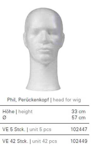 Perückenkopf, Styropor "Phil/Gerd",  33 cm hoch, incl. Kopfhalterloch, Kopfumfang: 57 cm, weiss