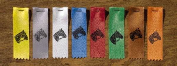 Festival or ribbon badges made of satin ribbon, single-coloured with horse head, 100 pieces