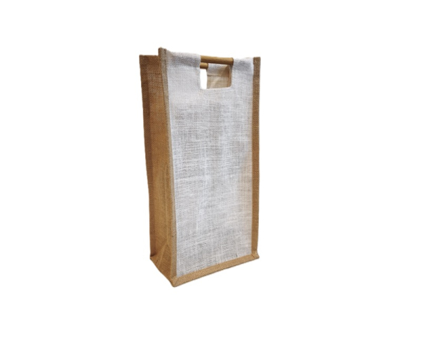 Jutetasche für zwei Flaschen ohne Sichtfenster, Größe: 40 x 20 x 13 cm, mit Rattanhenkel